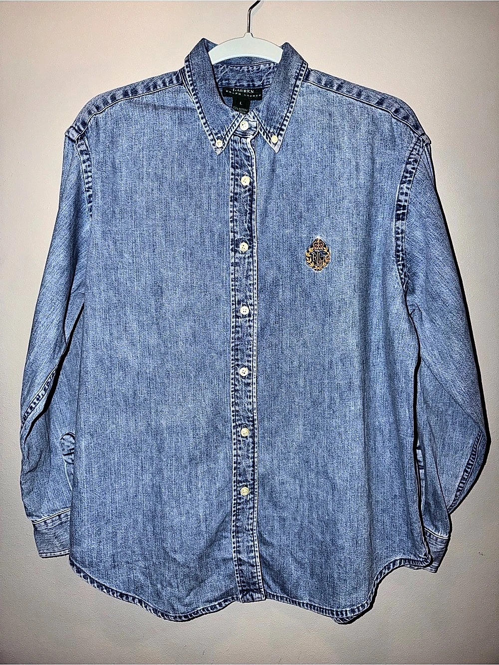 Vintage Lauren Ralph Lauren Denim Shirt Crest Logo Button Down Light Wash L luxe